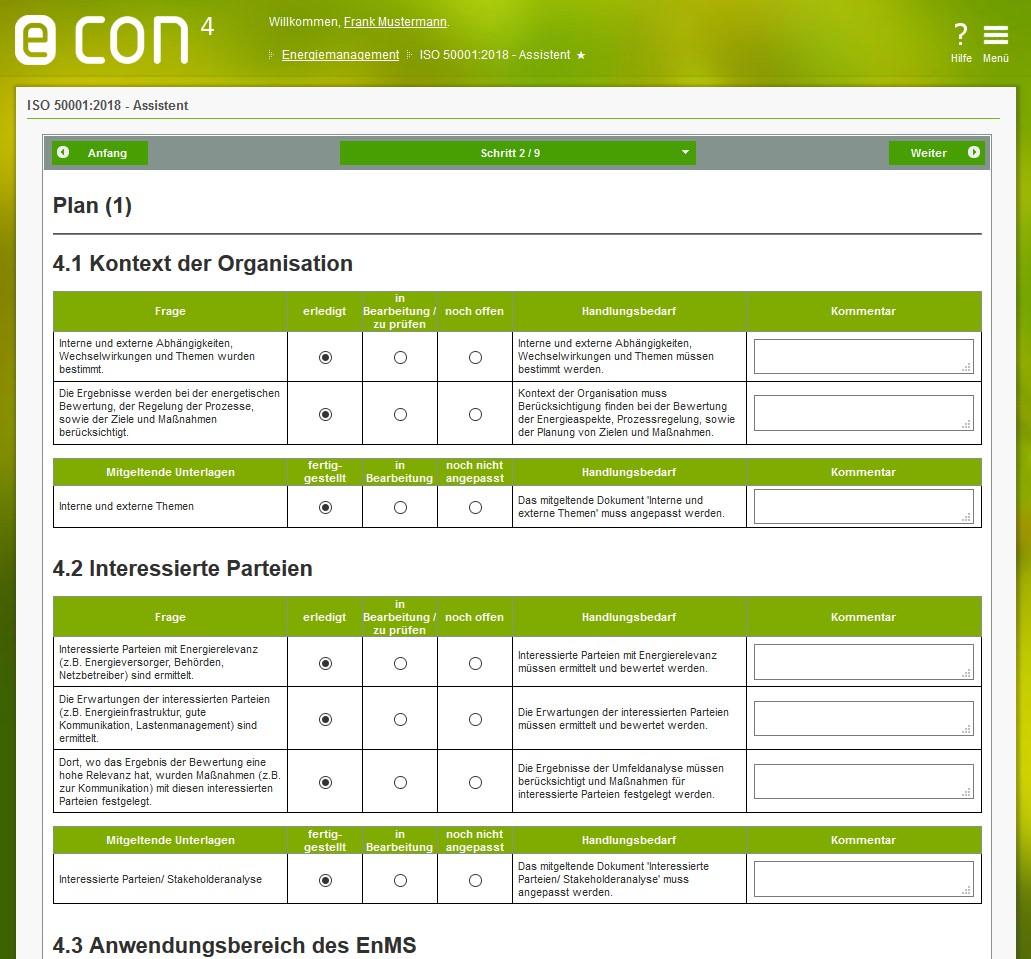 Screenshot econ4 Software Kontext der Organisation, Interessierte Parteien,...    