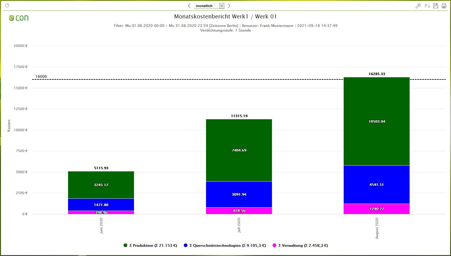 Screenshot aus der econ4 Software - Auswertung Monatskostenbericht kummuliert mit Soll-Linie