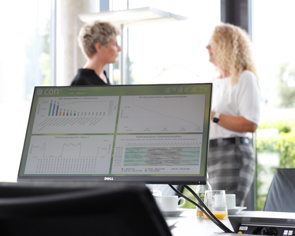 Softwarescreen, im Hintergrund zwei Frauen im Gespräch